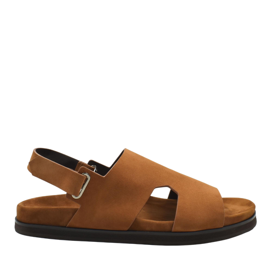 Brown suede Amorti Sangle footwear sandal with adjustable strap and black sole from Private collection