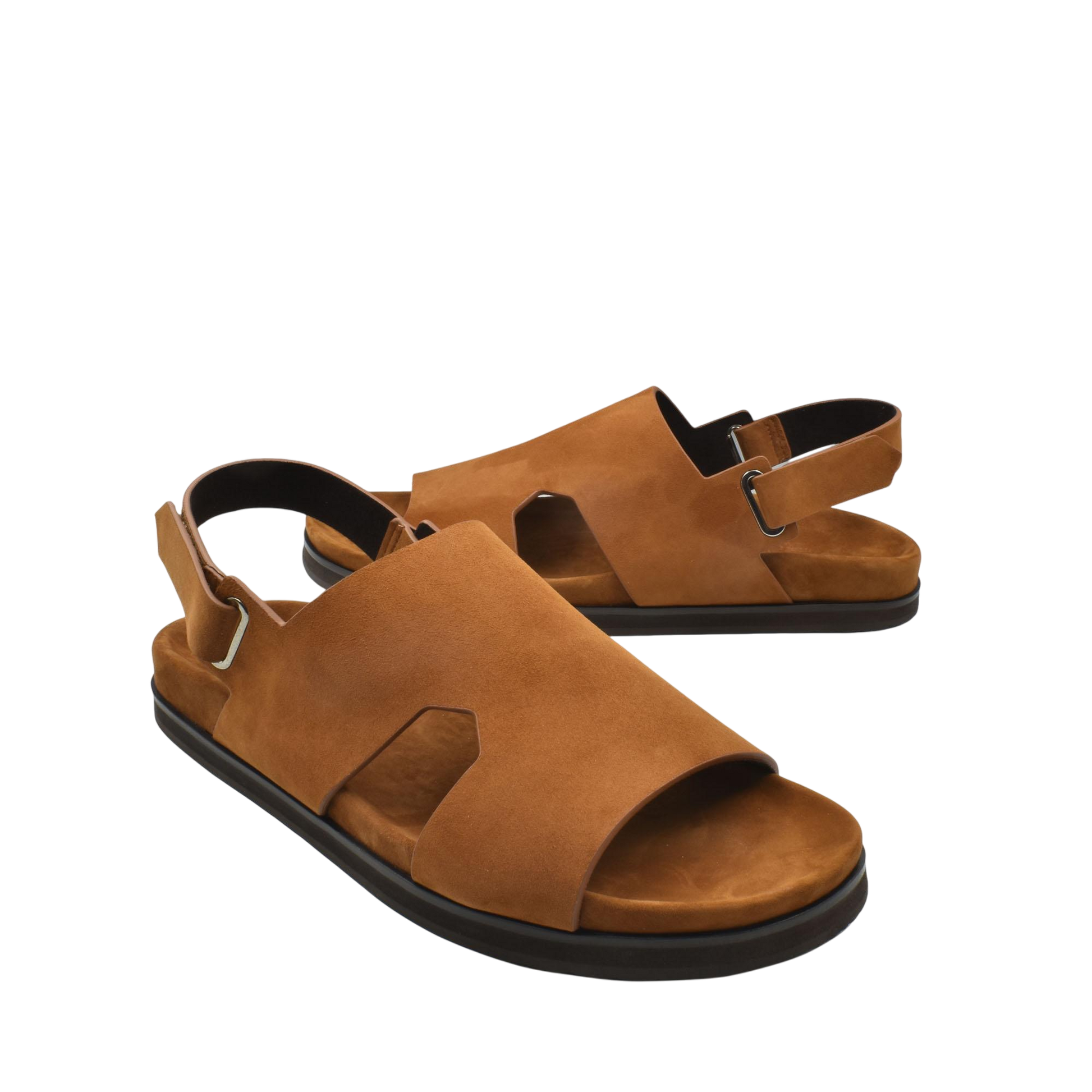 Brown suede Amorti Sangle footwear with open toes and adjustable back straps for comfort