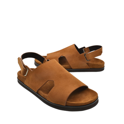 Brown suede Amorti Sangle footwear with open toes and adjustable back straps for comfort