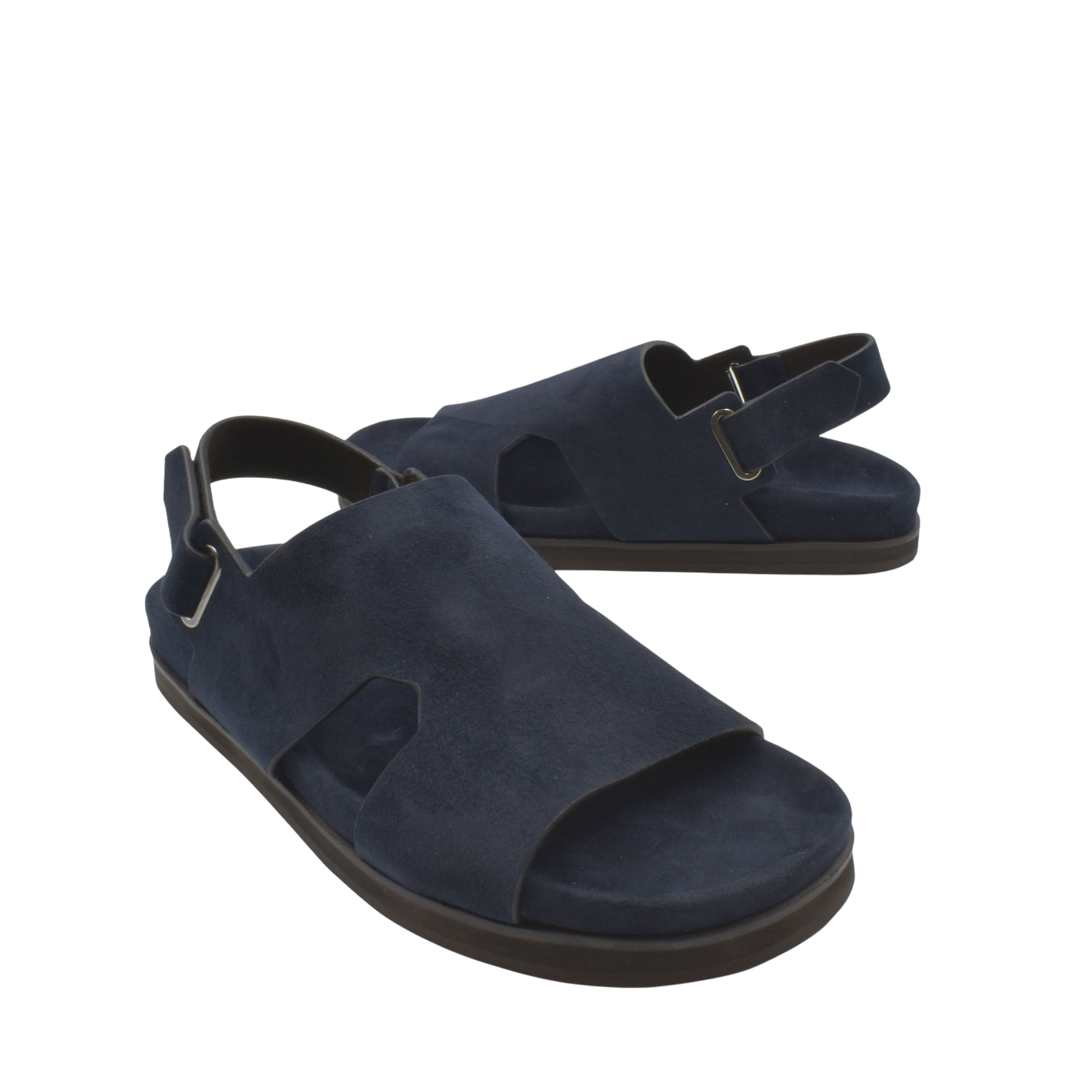 Pair of navy blue Amorti Sangle footwear open-toe sandals with adjustable heel straps