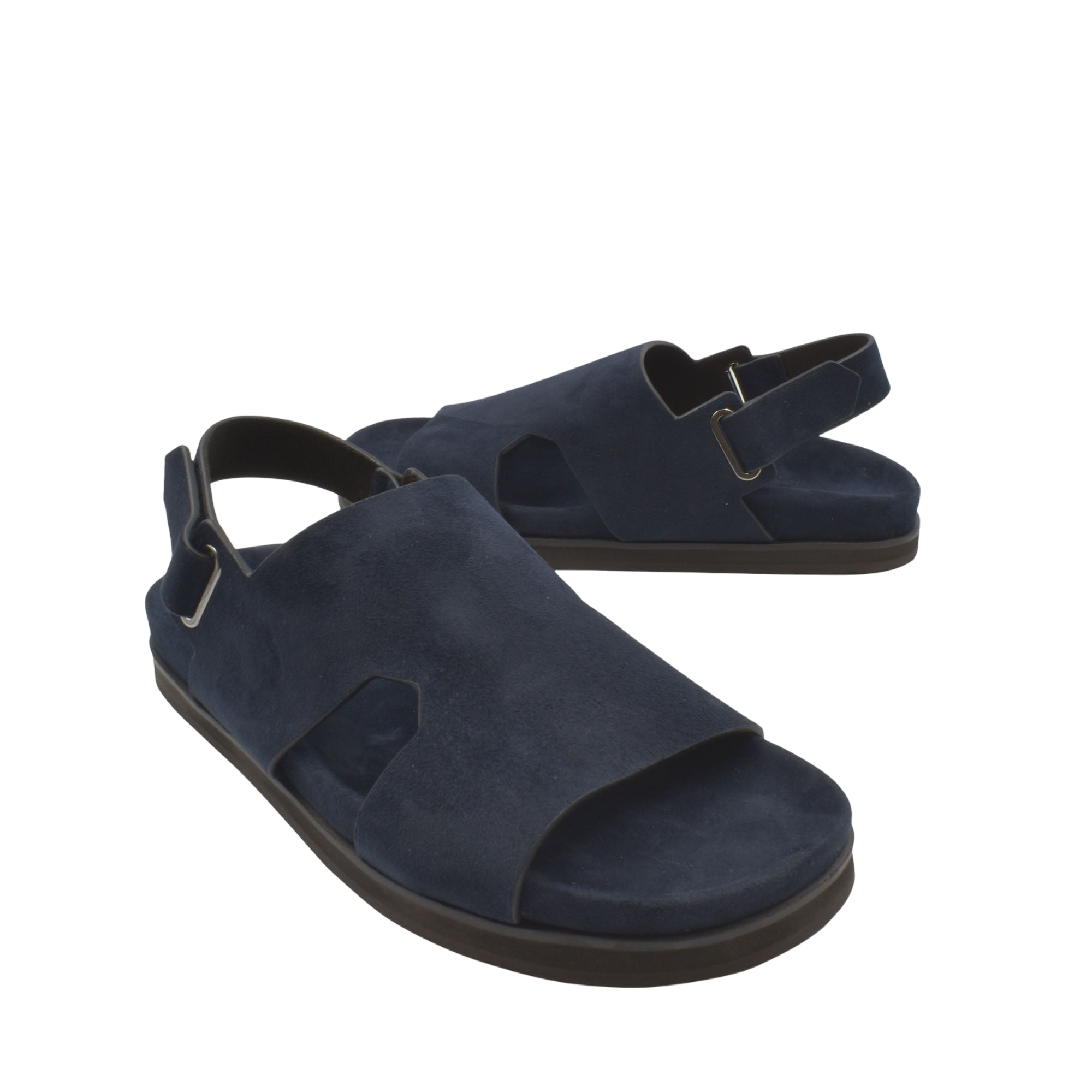 Pair of navy blue Amorti Sangle footwear open-toe sandals with adjustable heel straps