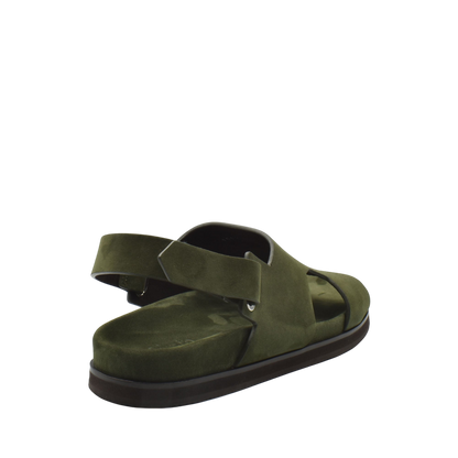 Green suede Amorti Sangle footwear open-toe sandal with adjustable back strap and cushioned sole