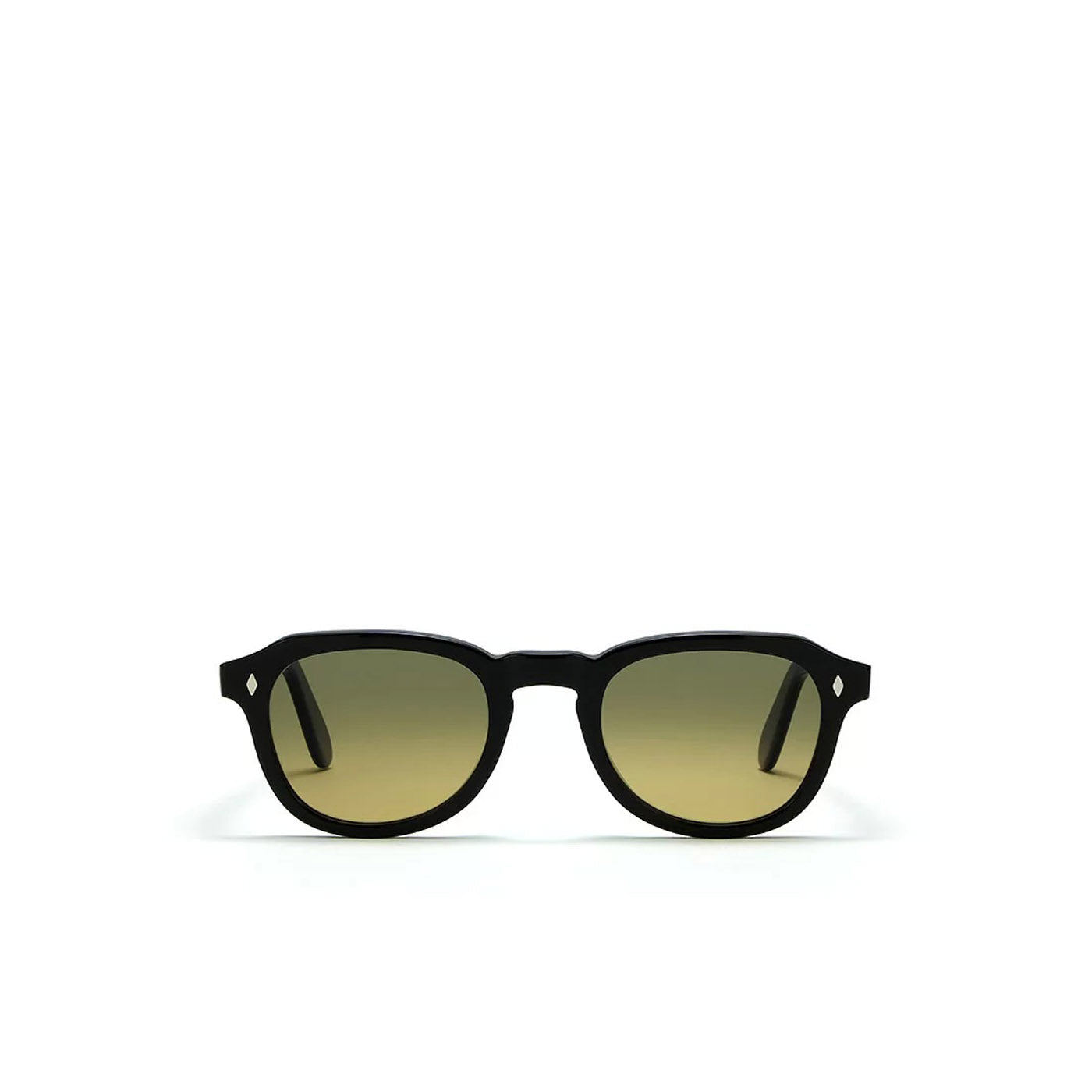 Private Collection black round frame sunglasses with dark tinted lenses on white background