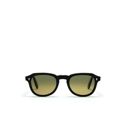 Private Collection black round frame sunglasses with dark tinted lenses on white background