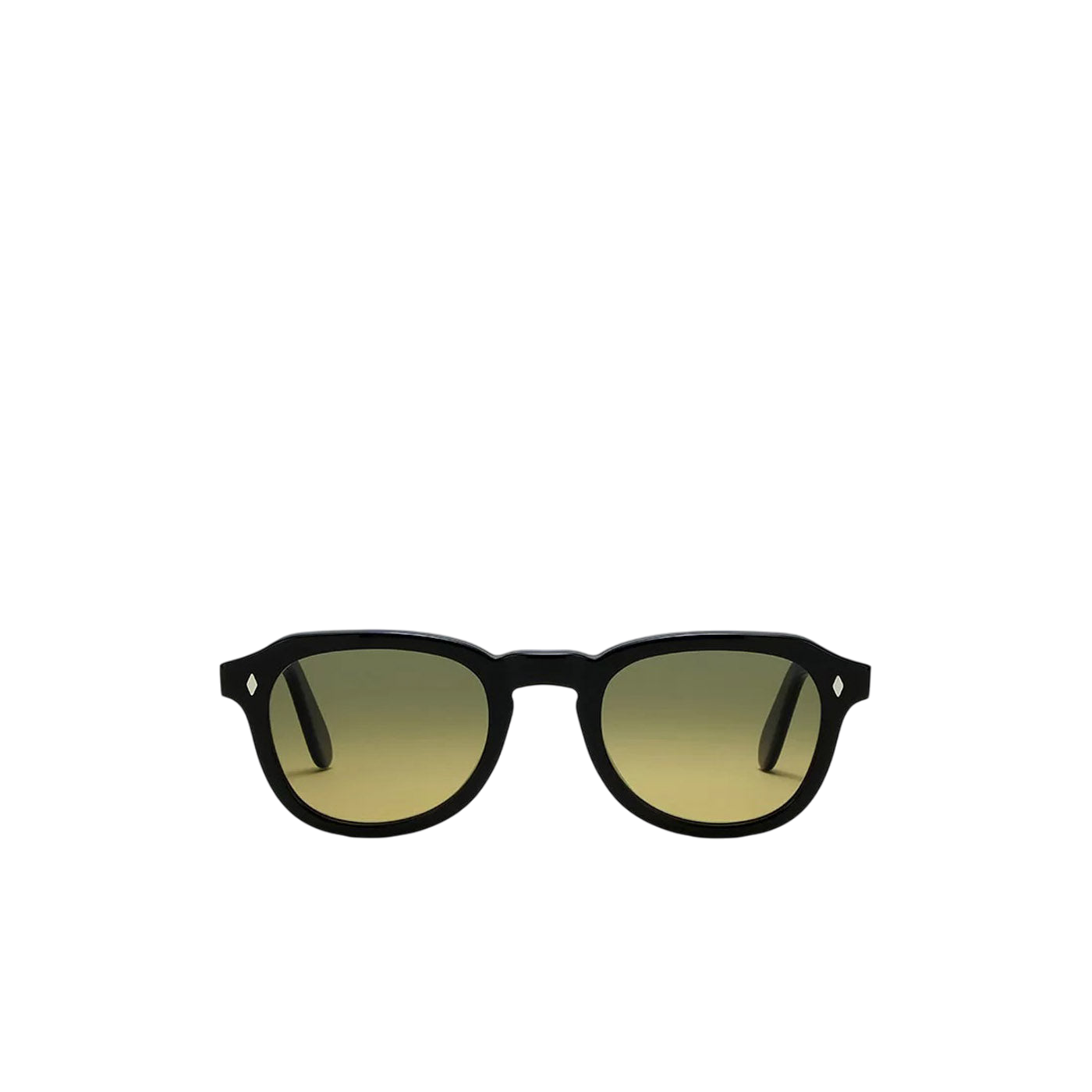 Private Collection black round frame sunglasses with dark tinted lenses on white background