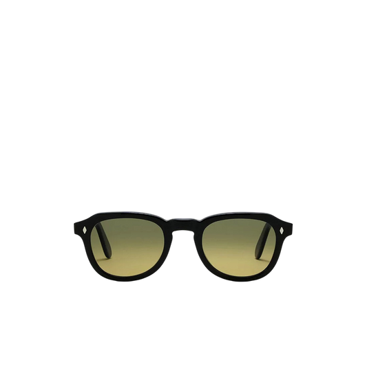 Private Collection black round frame sunglasses with dark tinted lenses on white background