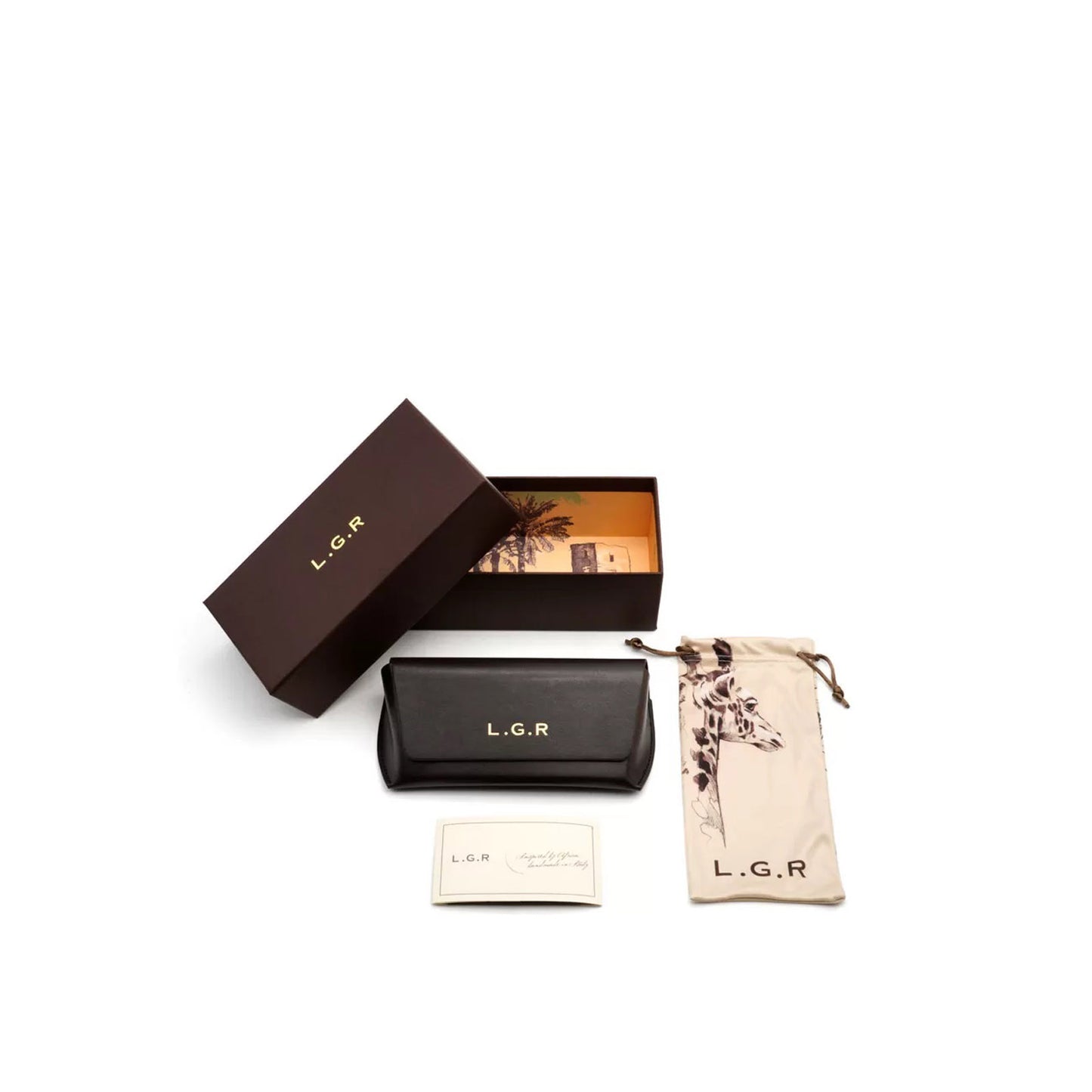 Private Collection black round frame sunglasses packaging box with protective case and cleaning pouch