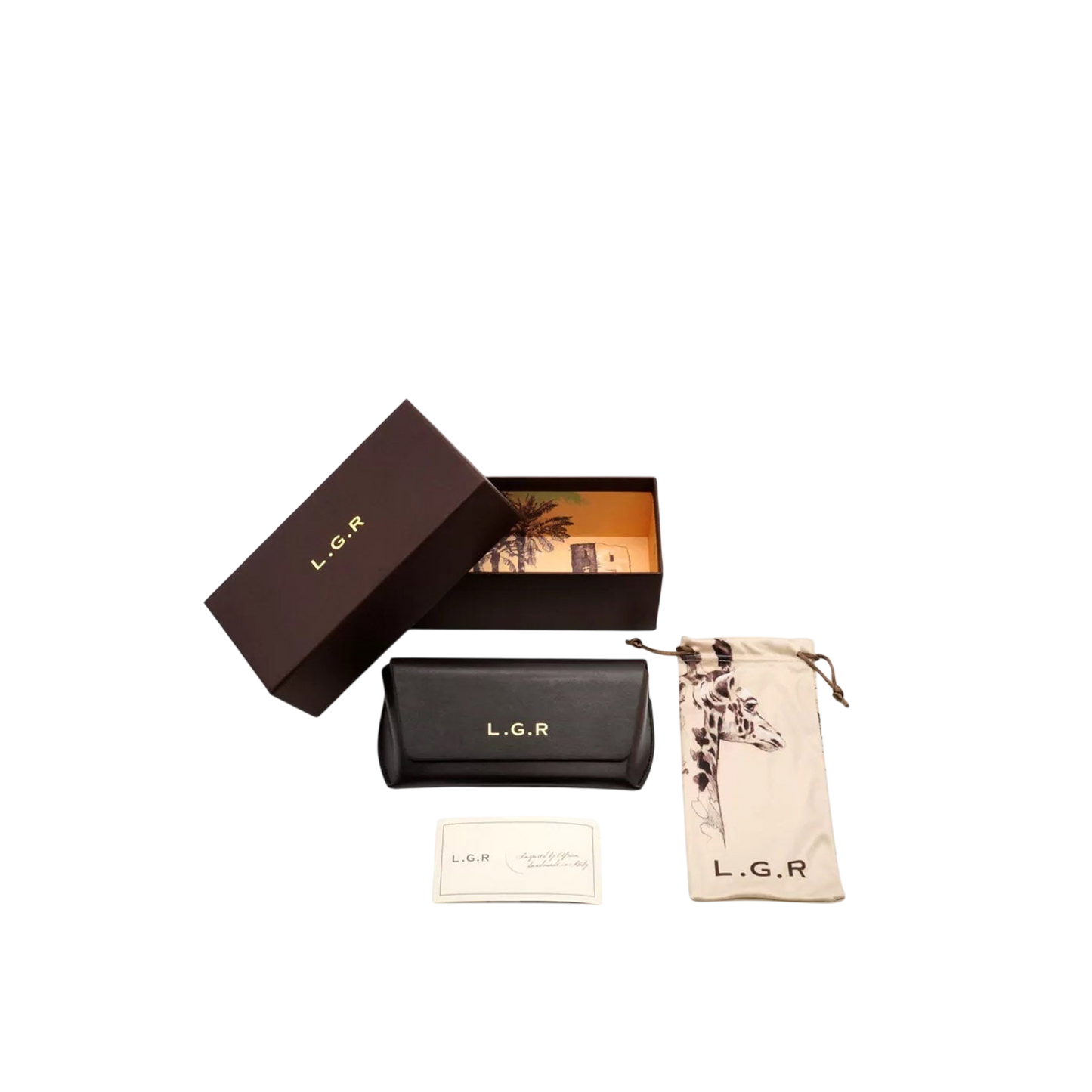Private Collection black round frame sunglasses packaging box with protective case and cleaning pouch