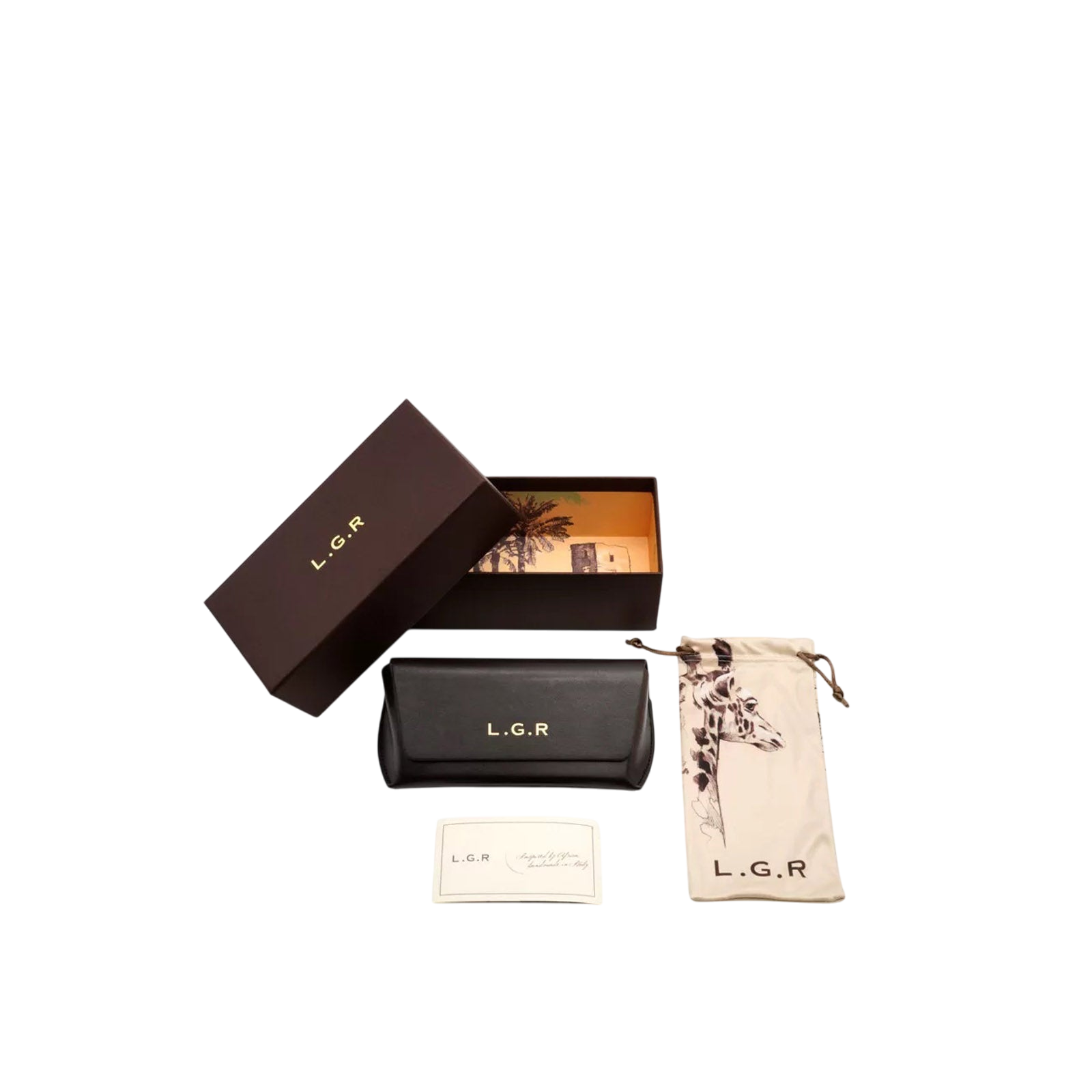 Private Collection black round frame sunglasses packaging box with protective case and cleaning pouch
