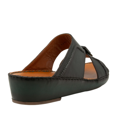 Black leather luxury casual sandals with cushioned sole and open toe design