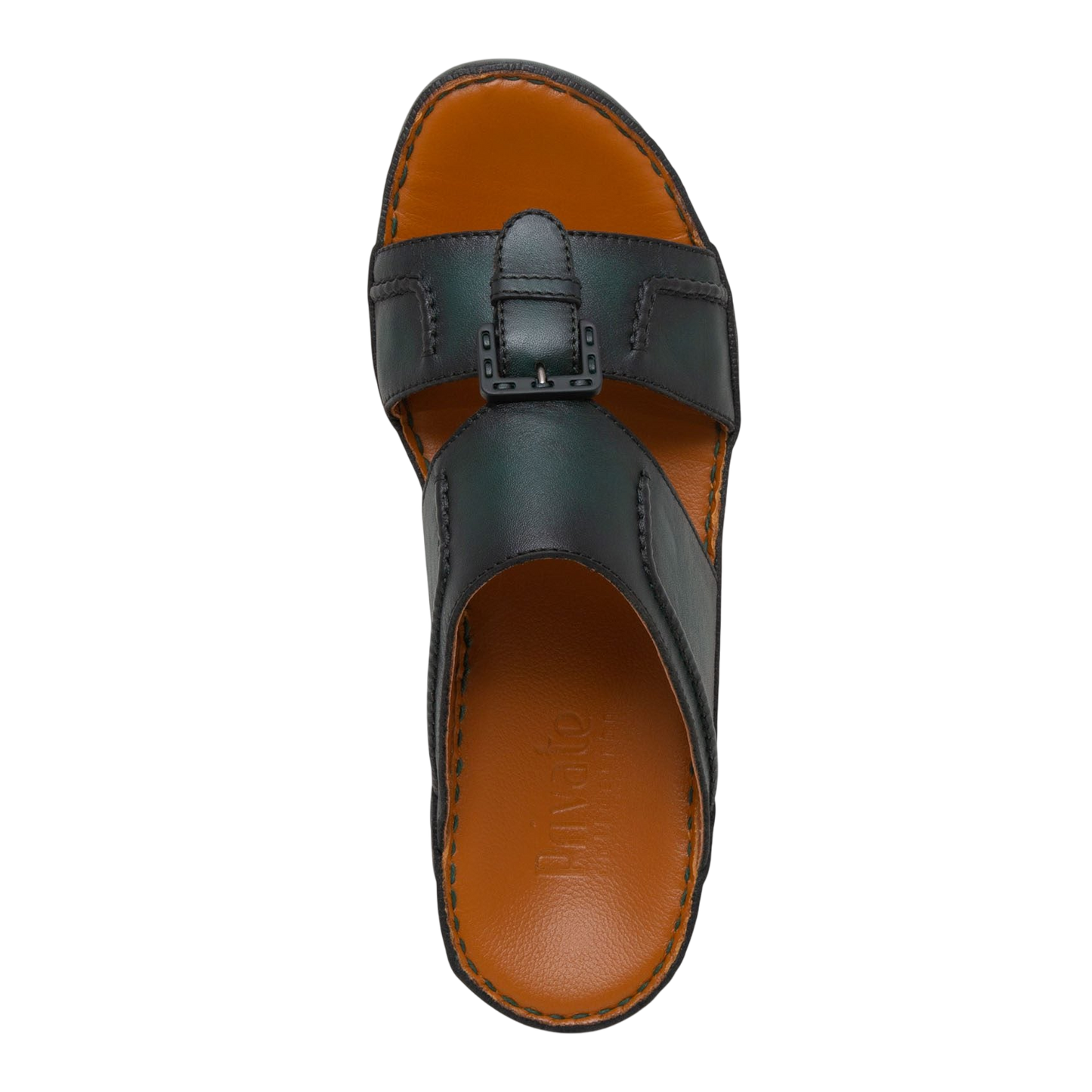 Black luxury casual sandals with buckle strap and cushioned brown insole for comfort