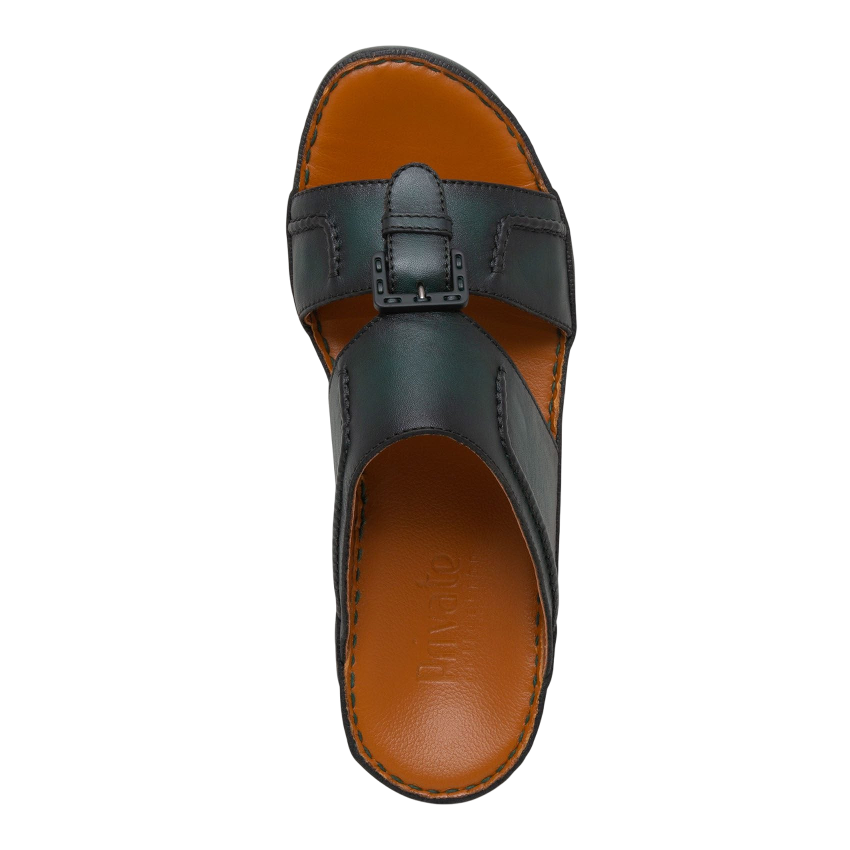 Black luxury casual sandals with buckle strap and cushioned brown insole for comfort