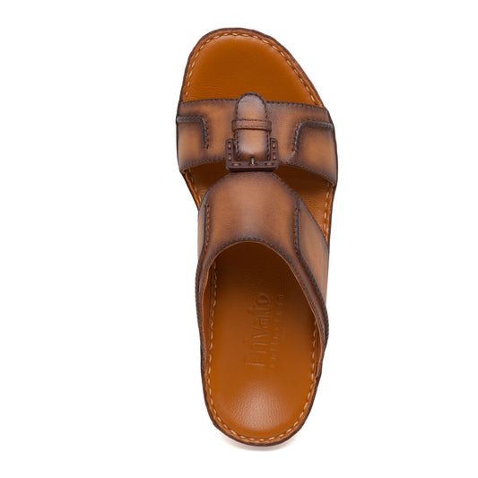 Brown leather luxury casual sandals with buckle detail and cushioned footbed for comfort