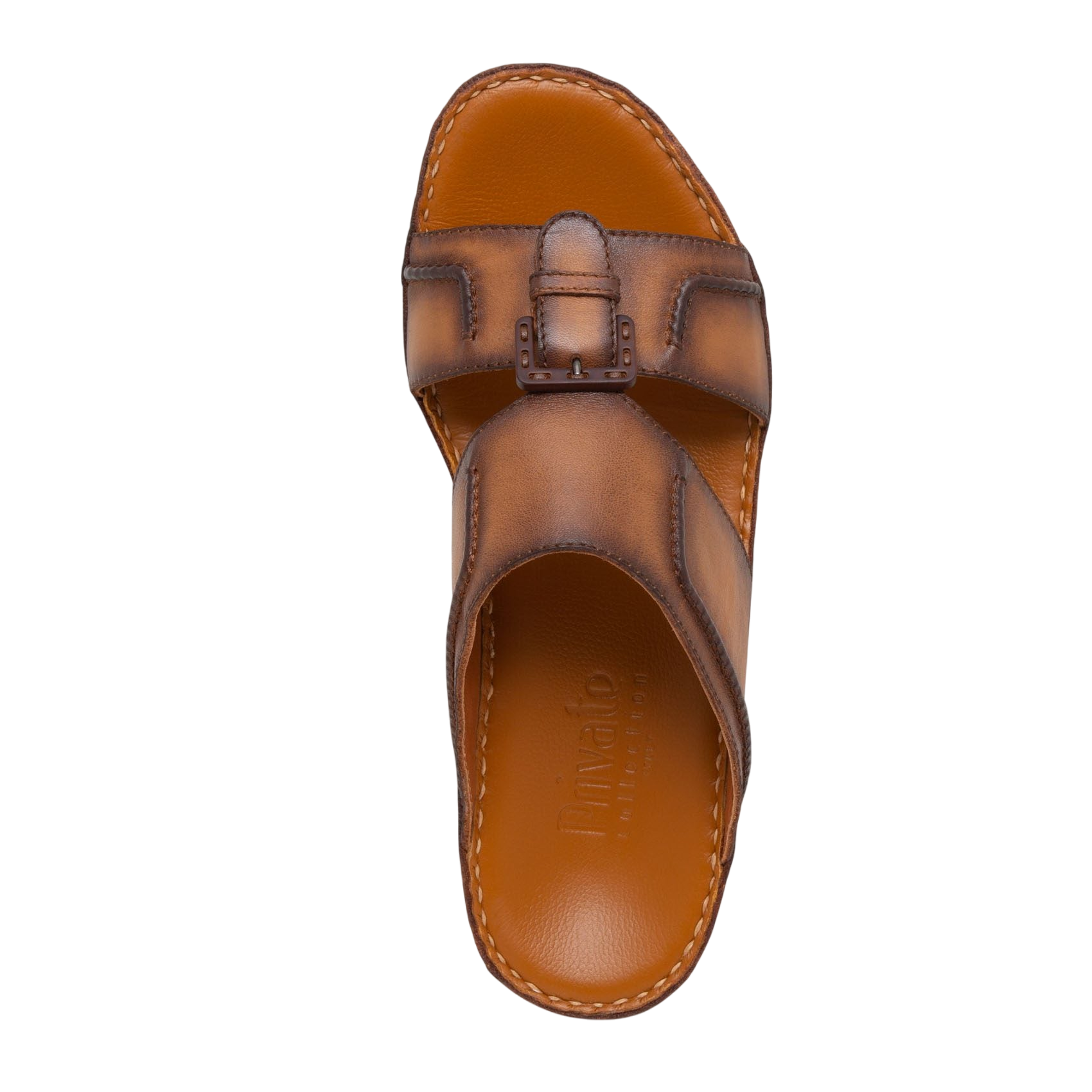 Brown leather luxury casual sandals with buckle detail and cushioned footbed for comfort