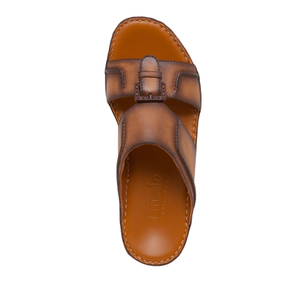 Brown leather luxury casual sandals with buckle detail and cushioned footbed for comfort