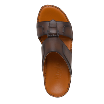 Brown leather luxury casual sandals with adjustable buckle strap and cushioned footbed