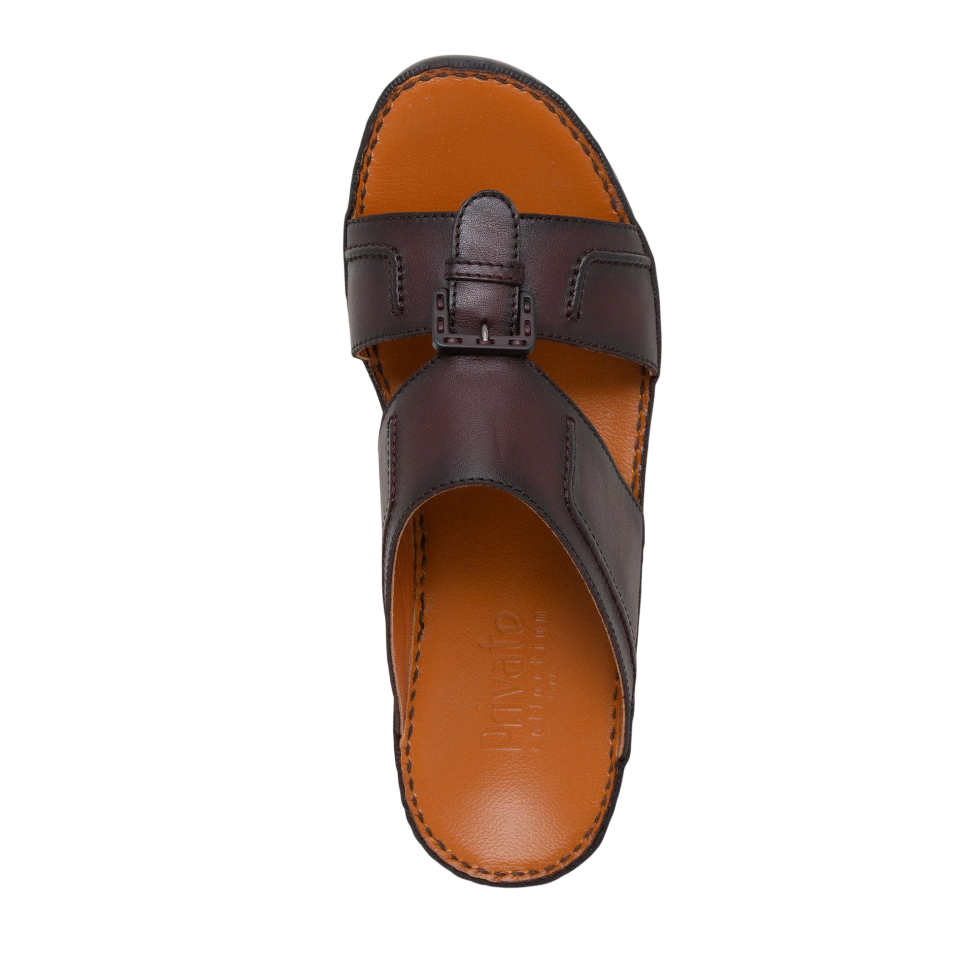 Brown leather luxury casual sandals with adjustable buckle and stitched sole from Private collection