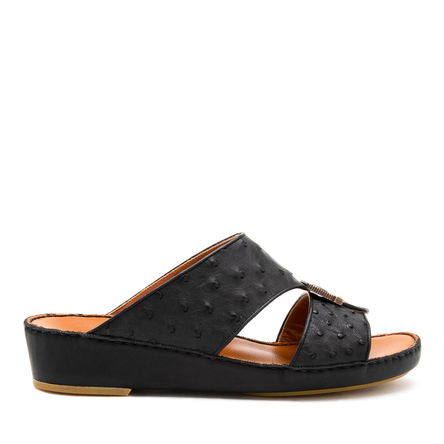 Black luxury leather sandals with textured upper and low wedge heel for comfortable wear