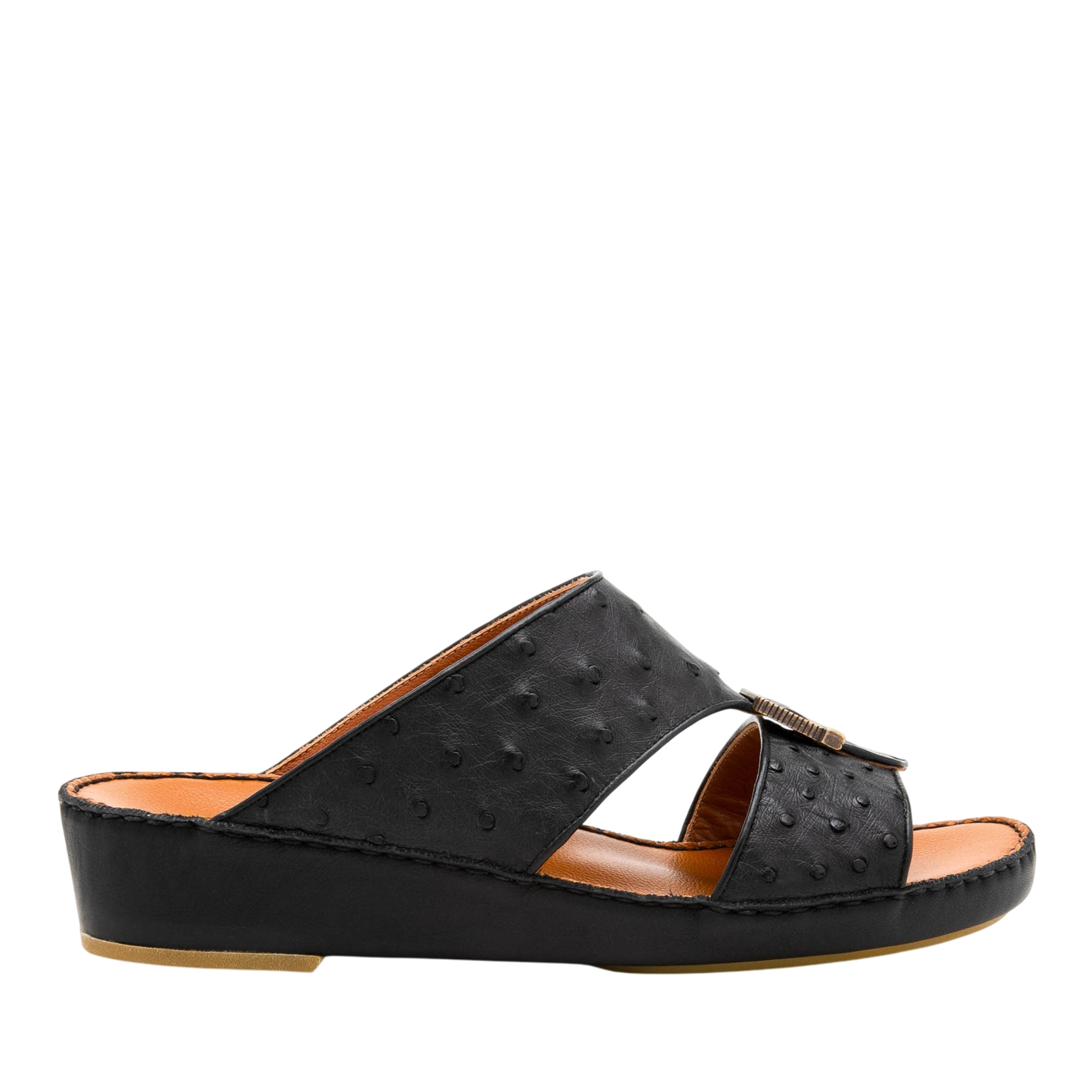 Black luxury leather sandals with textured upper and low wedge heel for comfortable wear