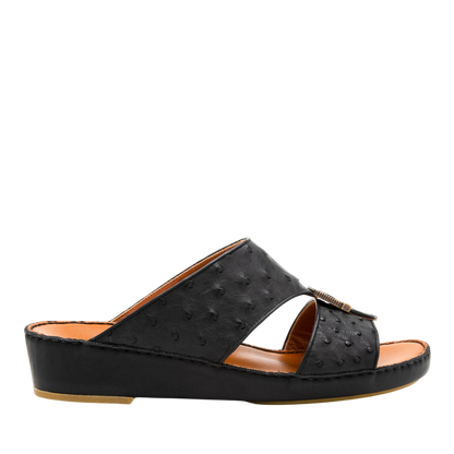 Black luxury leather sandals with textured upper and low wedge heel for comfortable wear