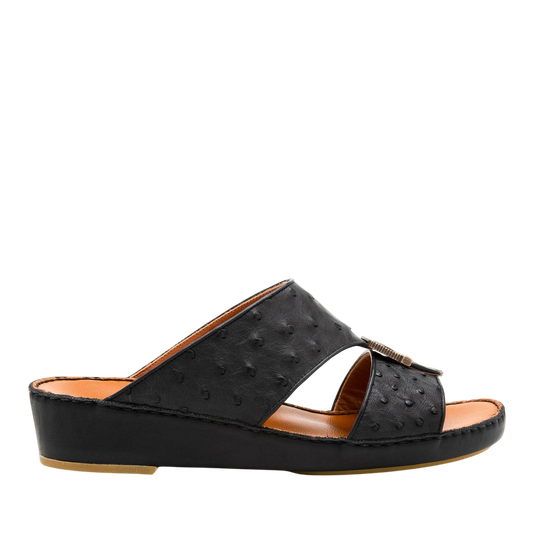 Black luxury leather sandals with textured upper and low wedge heel for comfortable wear