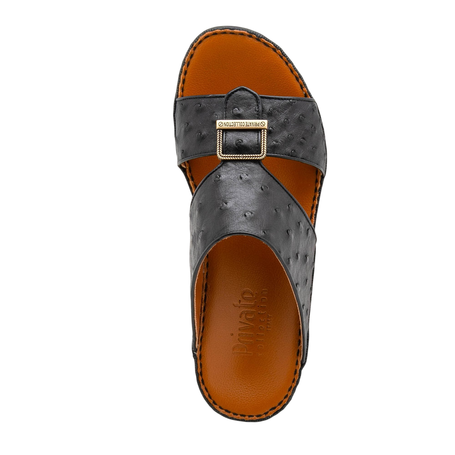 Black luxury leather sandals with textured straps and gold buckle from Private collection