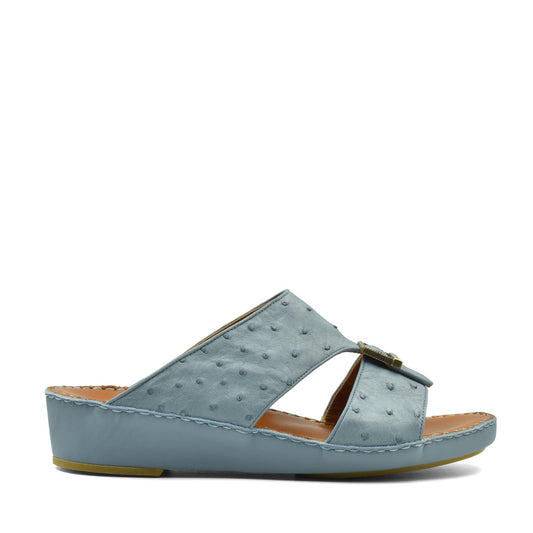Blue luxury leather sandals with textured upper and low wedge heel from private collection