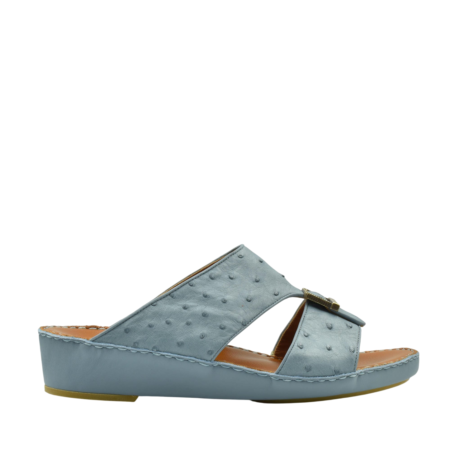 Blue luxury leather sandals with textured upper and low wedge heel from private collection