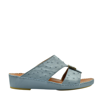 Blue luxury leather sandals with textured upper and low wedge heel from private collection