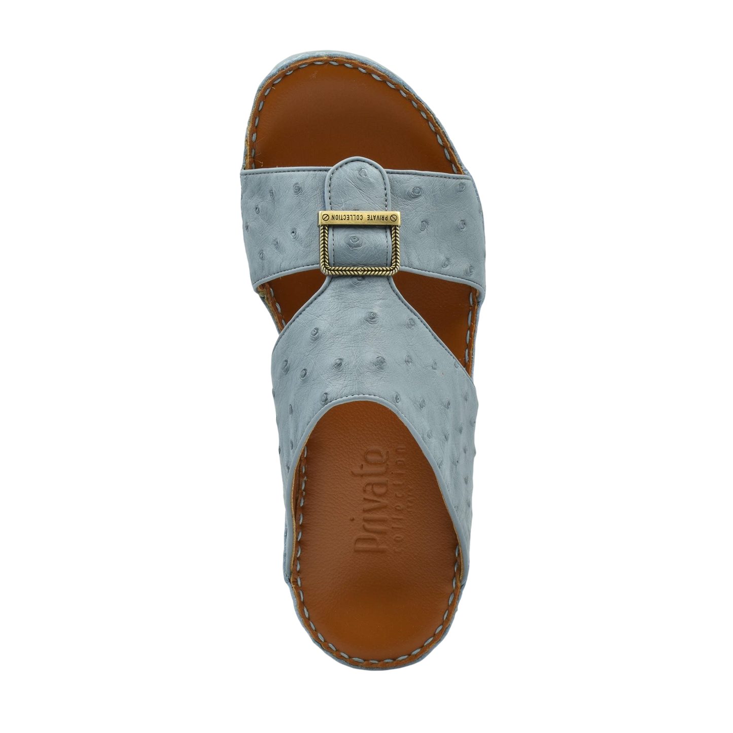 Top view of luxury leather sandals in light blue with stitched brown sole and gold buckle detail