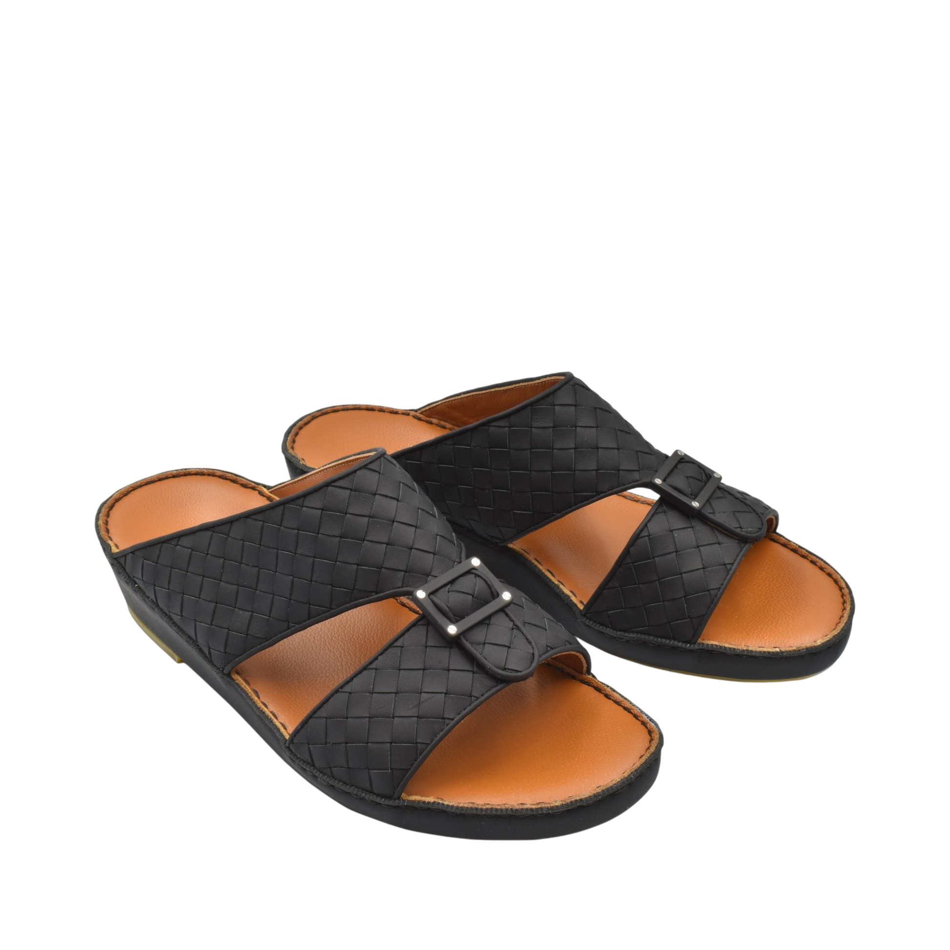 Black casual rubber calf sandals with woven straps and adjustable buckle for comfortable wear
