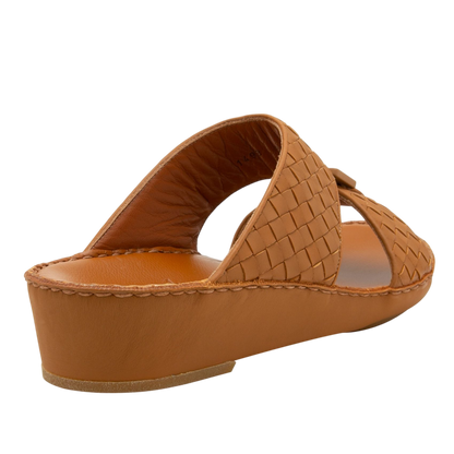 Brown casual rubber calf sandals with woven leather upper and low wedge heel
