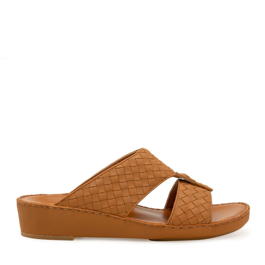 Brown casual rubber calf sandals with woven design and wedge heel from Private Collection