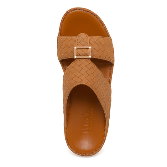 Brown casual rubber calf sandals with woven straps and buckle detail for comfortable wear