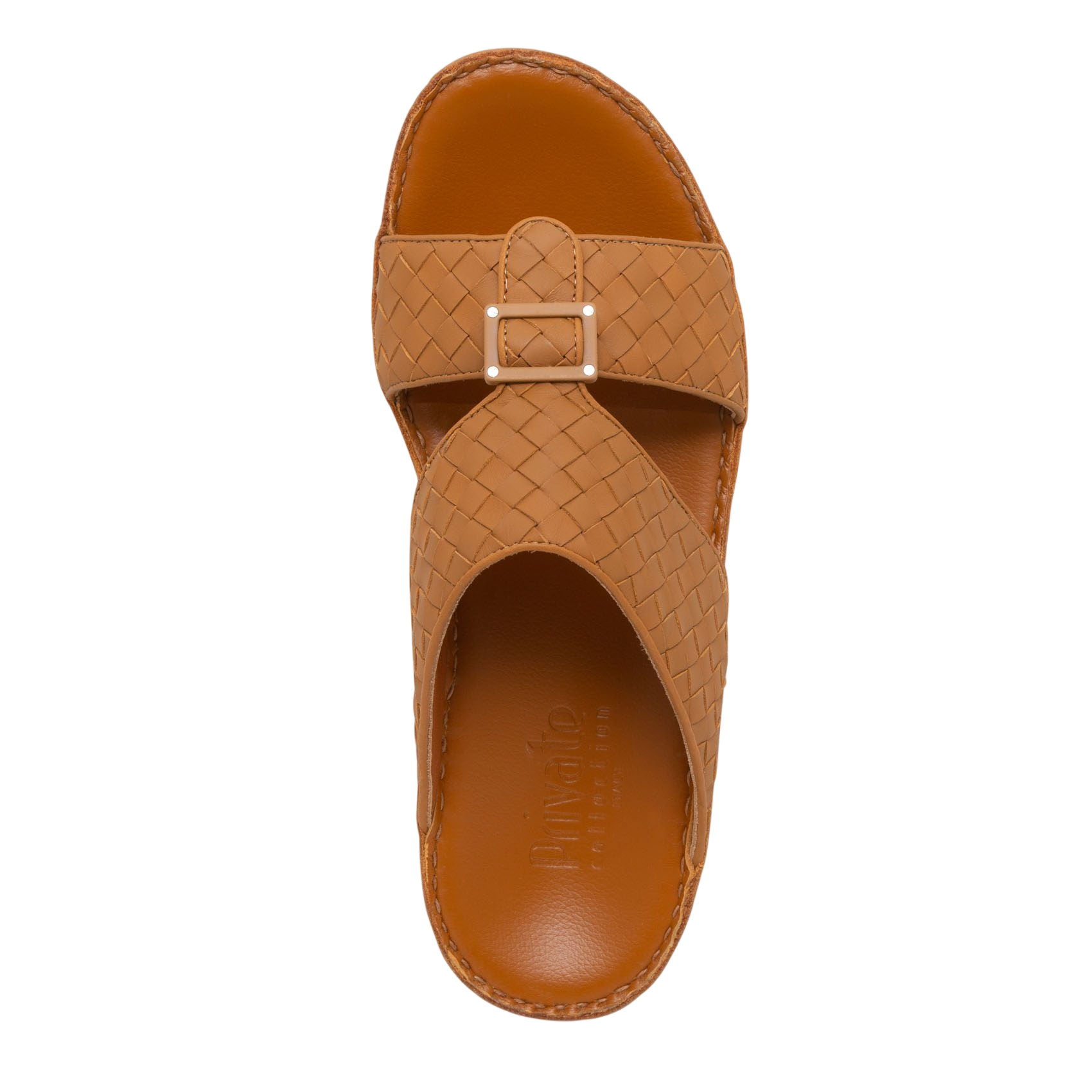 Brown casual rubber calf sandals with woven straps and buckle detail for comfortable wear