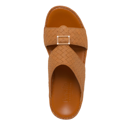 Brown casual rubber calf sandals with woven straps and buckle detail for comfortable wear