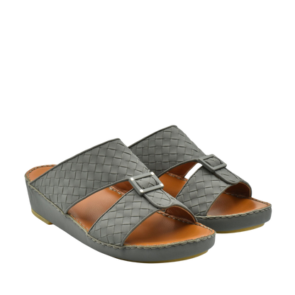 Gray casual rubber calf sandals with woven upper design and adjustable buckle straps