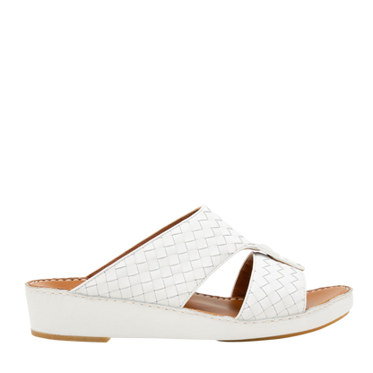 White casual rubber calf sandals with woven leather upper and low wedge heel