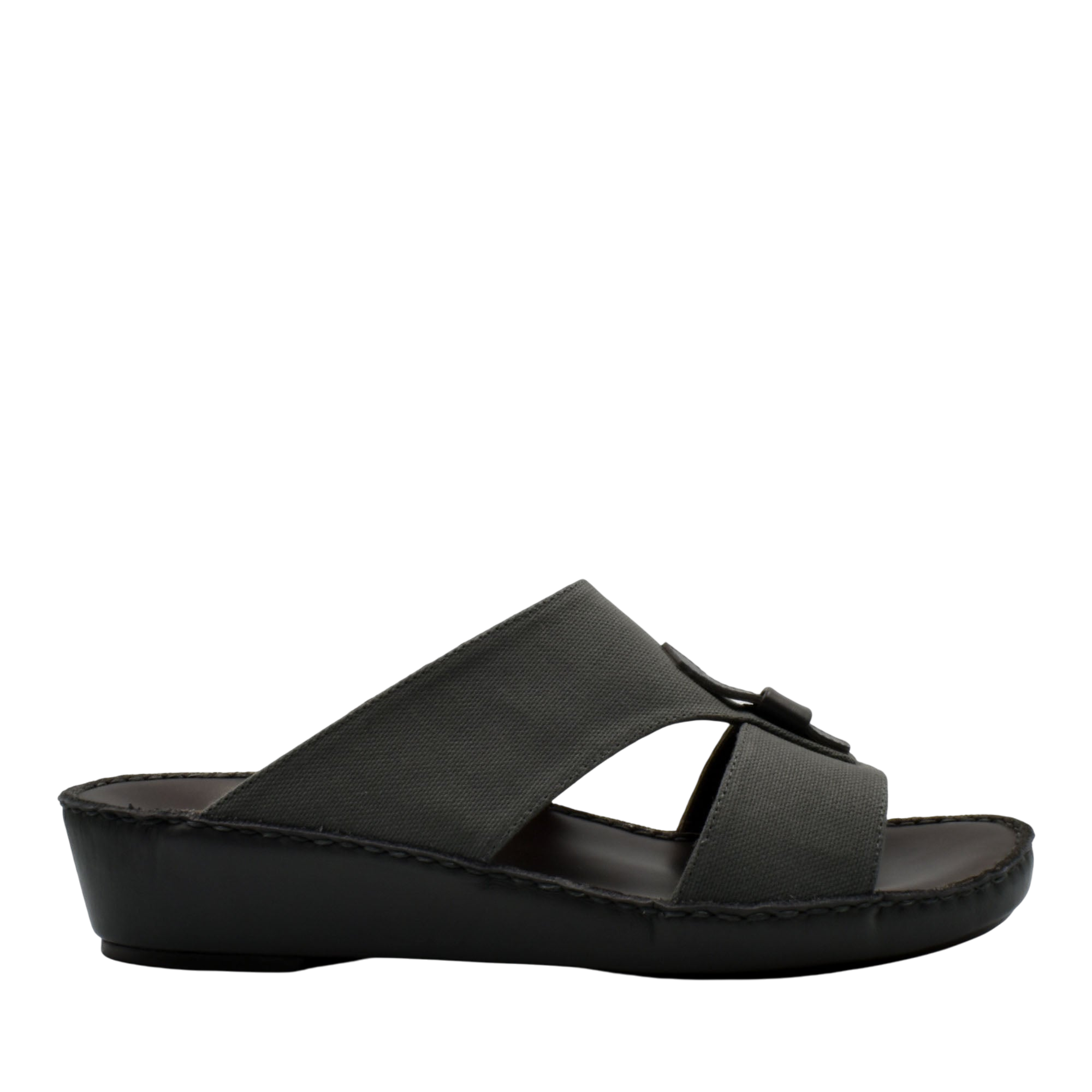 Black casual wedge sandals with wide leather straps and comfortable low wedge sole