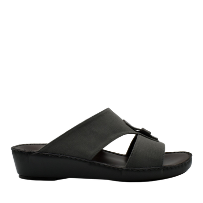 Black casual wedge sandals with wide leather straps and comfortable low wedge sole