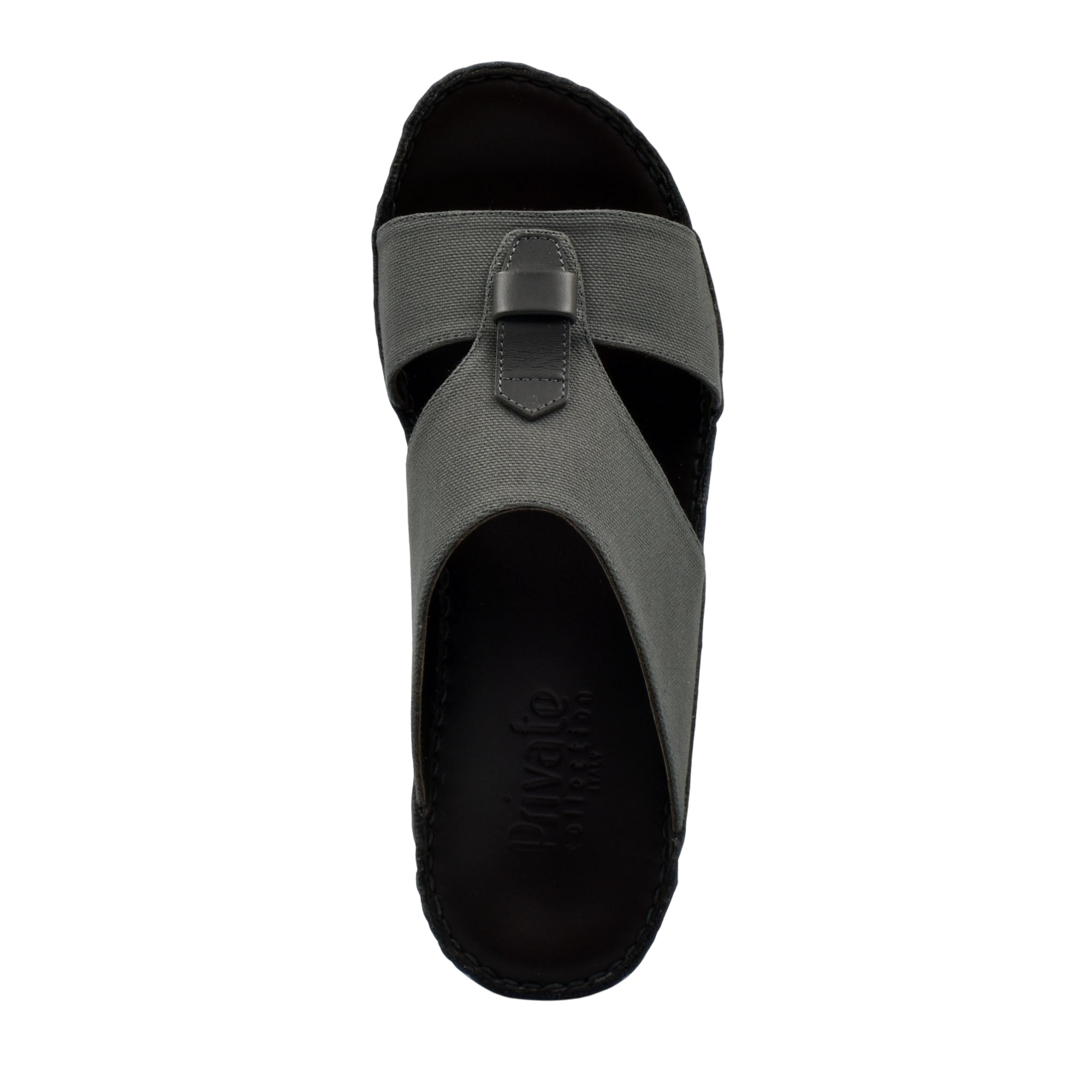 Top view of casual wedge sandals with gray fabric straps and black sole from Private collection