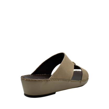 Beige casual wedge sandals with open toe and cross strap design on a wedge heel