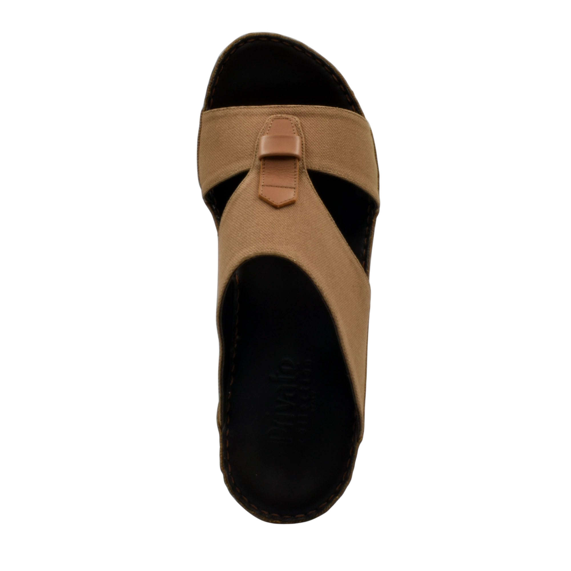 Top view of tan casual wedge sandals with black footbed and cross straps for comfortable wear