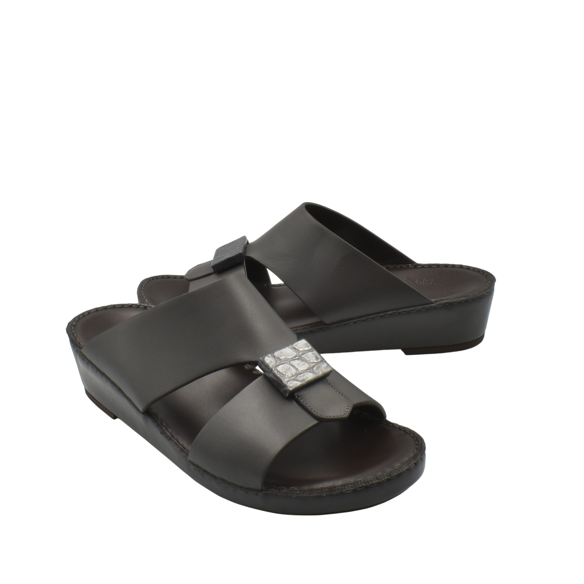 Black leather Cerchio buckle sandals with silver buckle and cushioned footbed for comfort