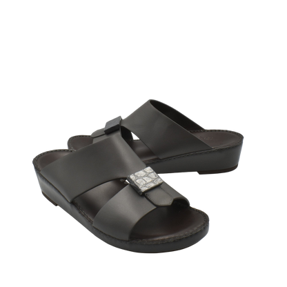 Black leather Cerchio buckle sandals with silver buckle and cushioned footbed for comfort