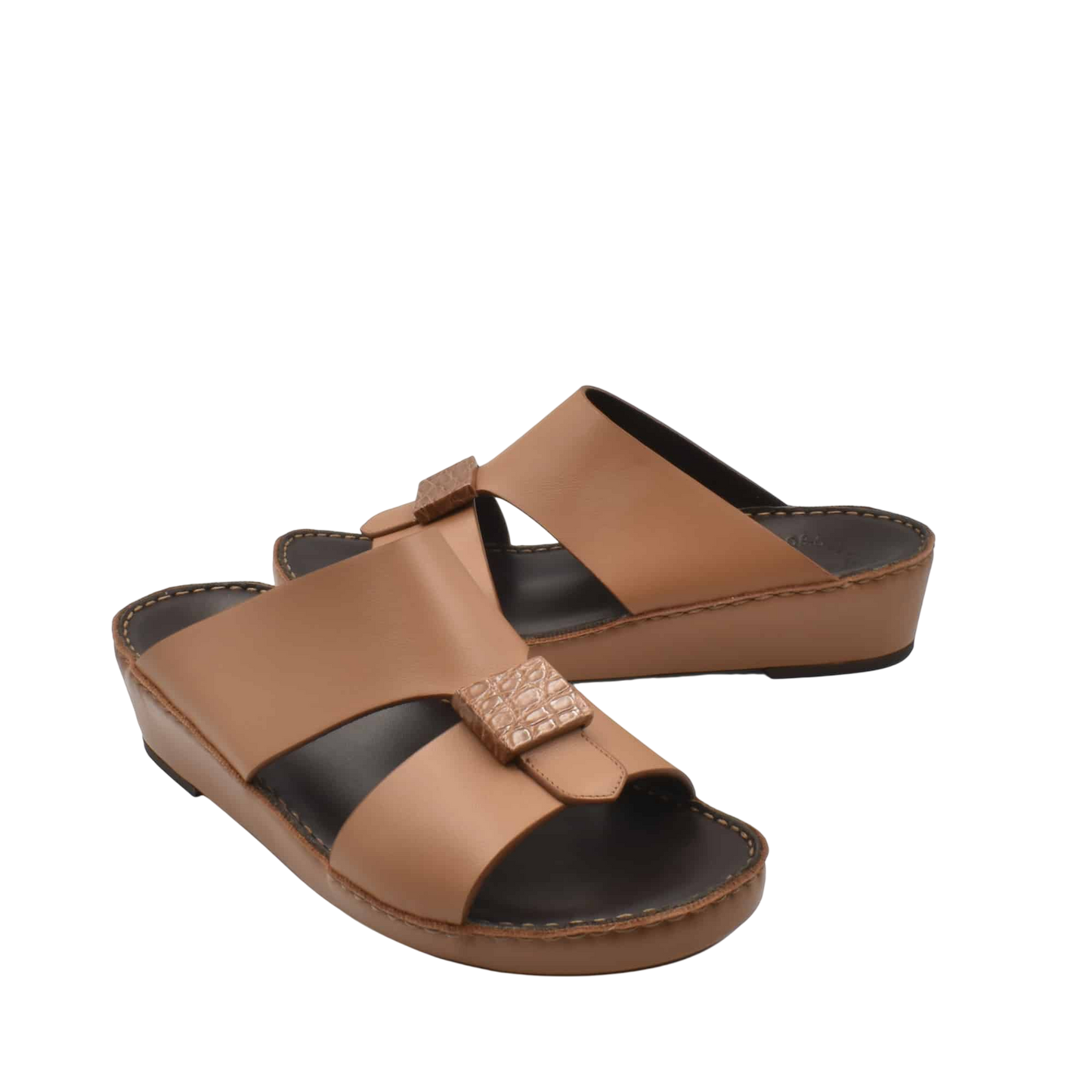Tan leather Cerchio buckle sandals with low wedge heel and open toe design