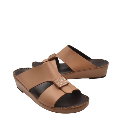 Tan leather Cerchio buckle sandals with low wedge heel and open toe design