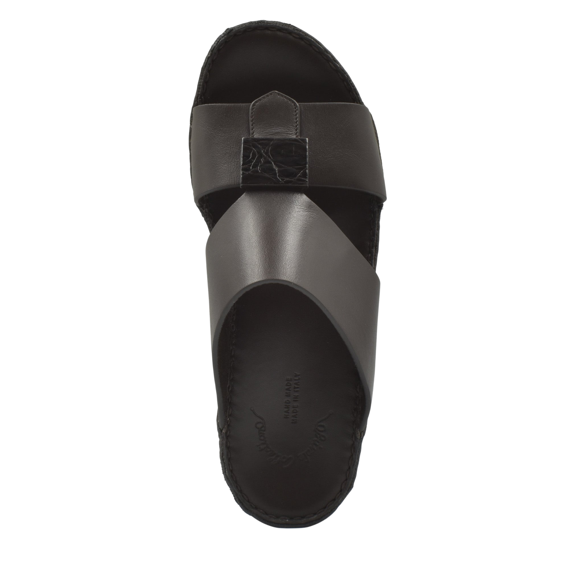 Top view of black Cerchio buckle sandals with crossed leather straps and buckle detail