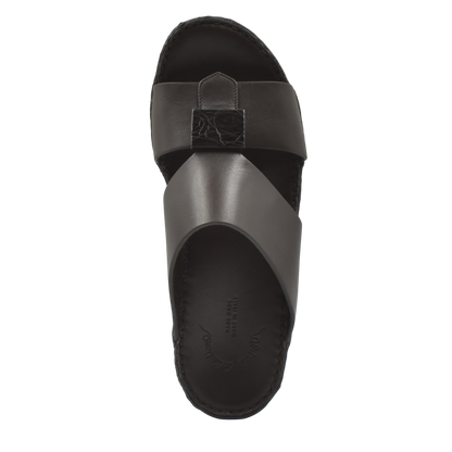 Top view of black Cerchio buckle sandals with crossed leather straps and buckle detail
