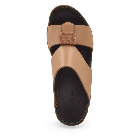 Tan leather Cerchio buckle sandals with black cushioned footbed and stitched sole